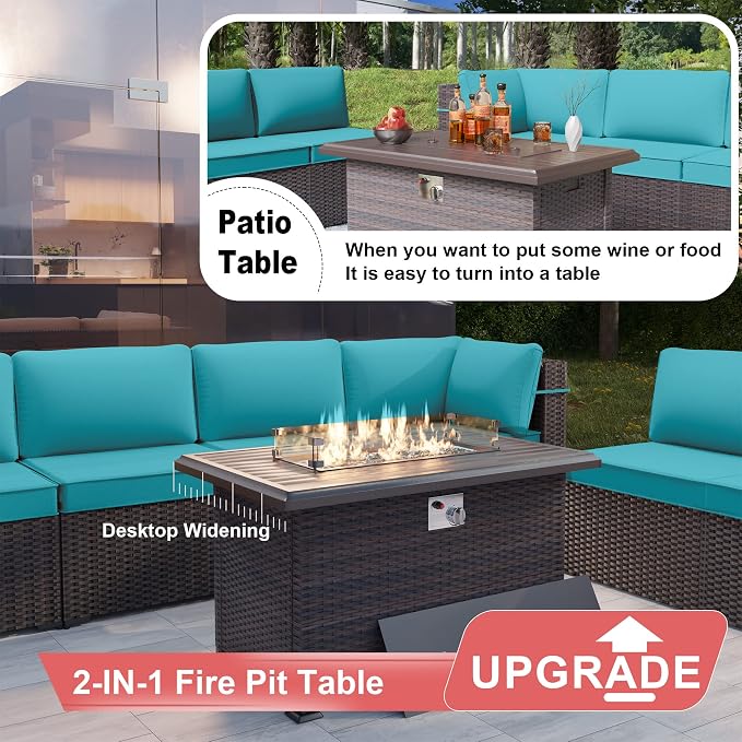 Kurapika 7 Pieces Patio Furniture Set, Rattan Outdoor Conversation Sets w/43in Propane Fire Pit Table and 4 Inch Cushion(Blue)