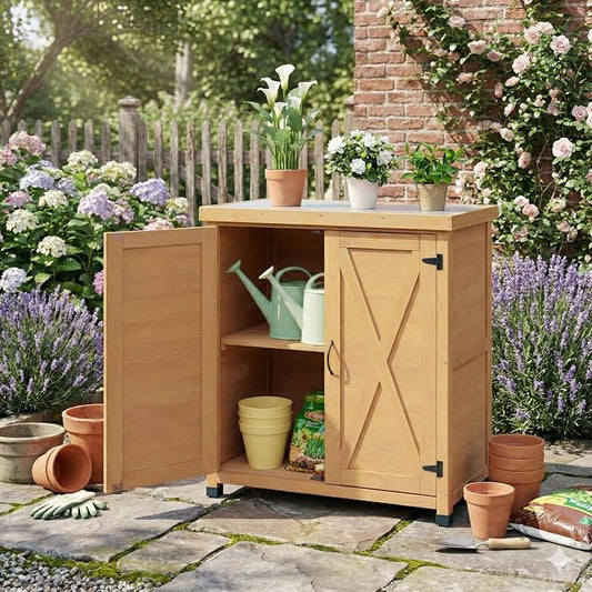 Outdoor Deck Box Storage Cabinet with Metal Work Surface, Weatherproof Hemlock Wood Patio Storage for Garden Tools and Supplies, Stable X-Shape Design, 31 x 18 x 36 Inches, Wood Color