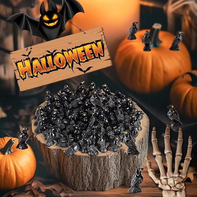 60 Pcs Miniature Resin Crows Black Raven Figurines Spooky Halloween Decor Tiny Animals for Terrariums & DIY Crafts
