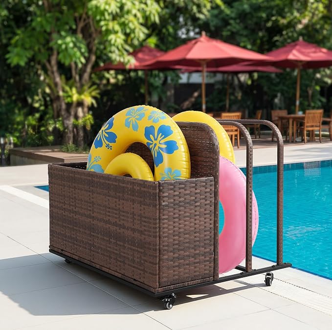 Outdoor Pool Float Storage Basket, PE Rattan Rolling Toy Caddy with Wheels, Patio Furniture Organizer Wicker Box Pool Storage Cart for Floaties, Noodles, Life Vests, Beach Balls