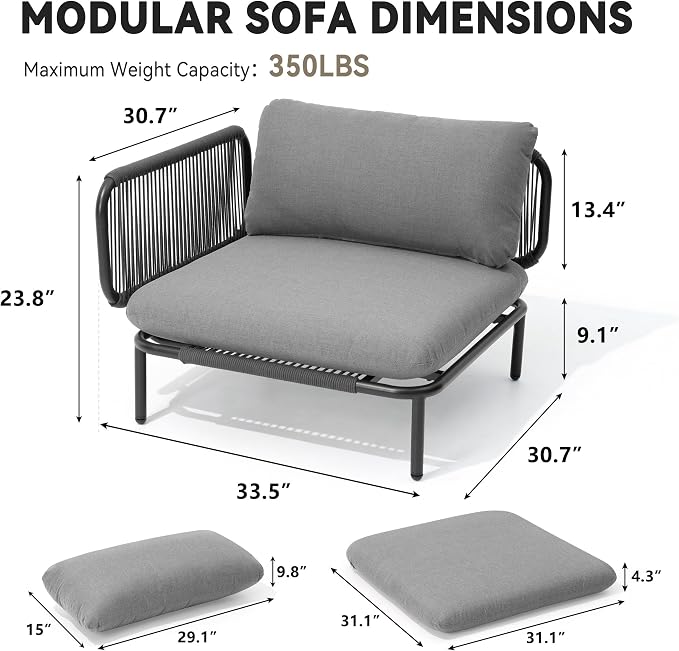 Crestlive Products Outdoor Patio Furniture Set, 6 Seater Modular Oversized Patio Conversation Set with Cushions, Modern Metal Sectional Outdoor Couch for Backyard, Deck, Porch, or Poolside, Dark Grey