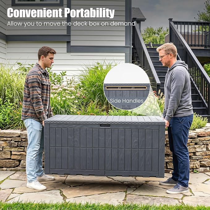 HAPPYGRILL 180 Gal Outdoor Deck Box, Lockable Storage Bin with Lid and Handles, Waterproof and Sun-Protective Patio Bench and Storage Box for Garden Tools Pool Supplies (Gray, 180Gallon)