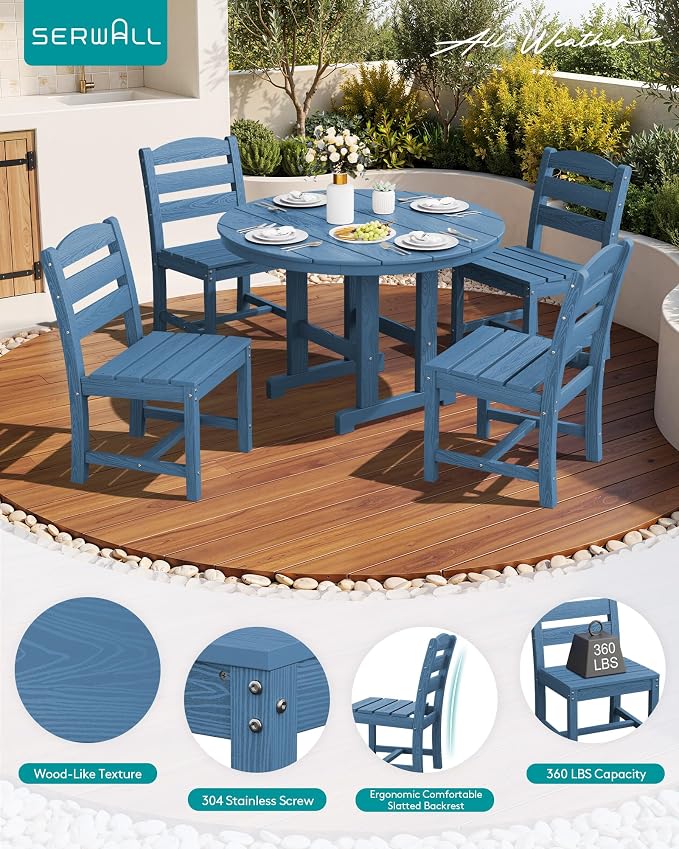 SERWALL 5-Piece Patio Dining Sets, HDPE Outdoor Table and Chairs Furniture Set, 45" Round Dining Table and 4 Armless Dining Chairs, Navy