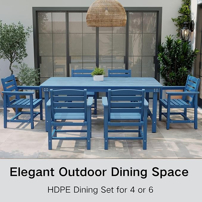 Kingdura 7 Piece Patio Dining Set for 6, HDPE Outdoor Table & Chairs with Umbrella Hole, All-Weather Outdoor Furniture Patio Conversation Set for Lawn Pool Backyard, Navy Blue