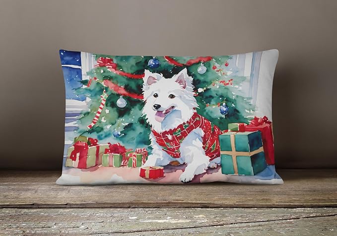 Caroline's Treasures DAC2685PW1216 Japanese Spitz Cozy Christmas Throw Pillow Machine Washable, Indoor Outdoor Decorative Pillow for Couch, Bed or Patio, 12HX16W