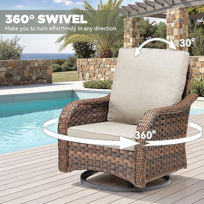 6 PCS Patio Furniture Set, Outdoor Wicker Sofa & 2 Swivel Rocking Chairs with 2 Ottomans & Side Table, 4-Inch Thick Olefin Cushions, 300 lbs Capacity Rattan Conversation Set for Porch, Beige