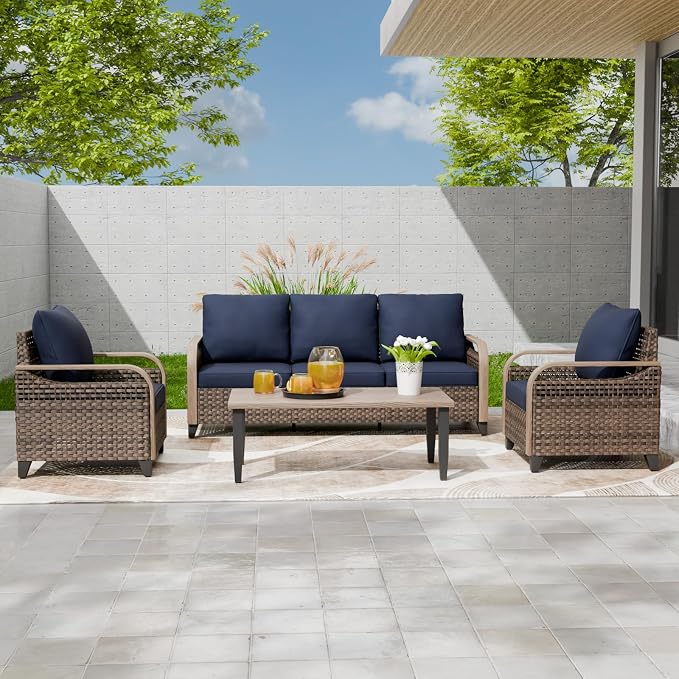 EAGLE PEAK Modern Wicker Outdoor Patio Furniture Set, Patio Conversation Set, 2 Chairs, 3-Seat Loveseat and Coffee Table, 4 Pieces, Brown/Blue