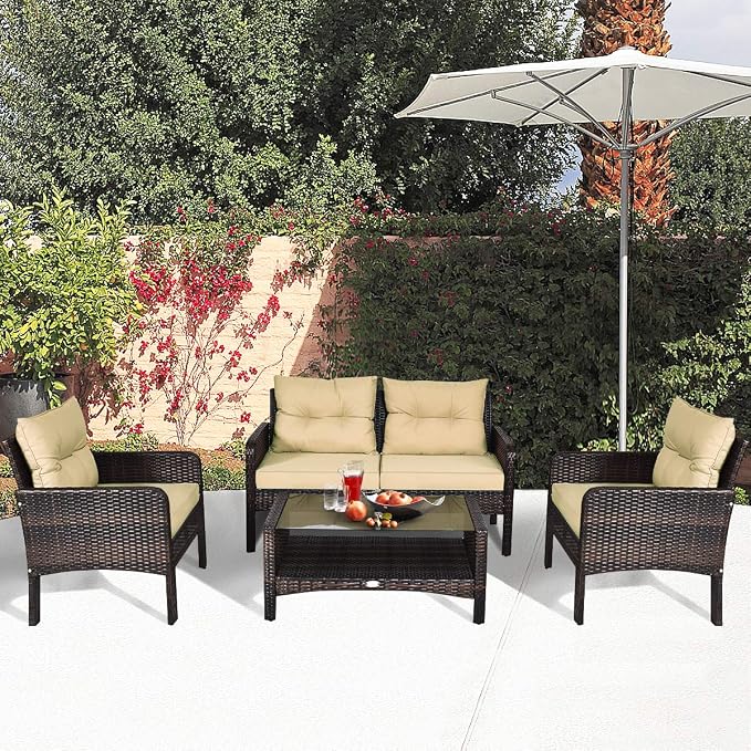 HAPPYGRILL 4-Piece Patio Furniture Outdoor Rattan Wicker Sofa Set with Cushions & Coffee Table with Tempered Glass Table Top and Storage Shelf