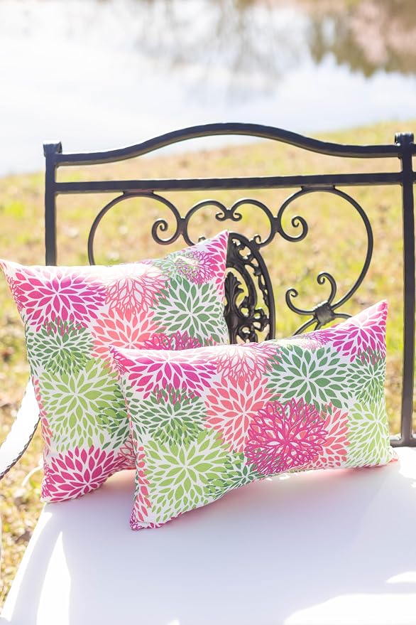 RSH DECOR: Lumbar Throw Pillows Set of 2 | 20" x 12" | All-Weather Spun Fabric | Water and Fade-Resistant | Outdoor Support Pillows for Patio Furniture | Floral Blooms Pink