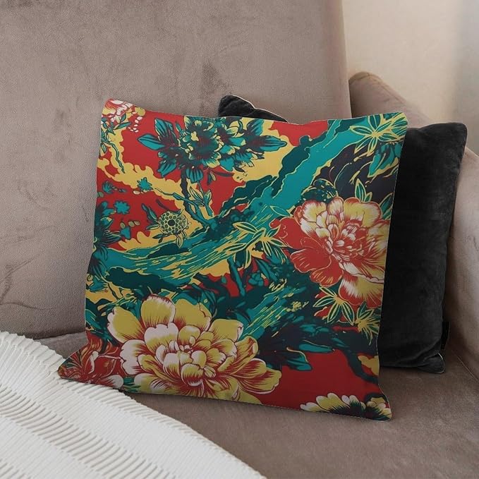 Animal Tiger Stripe Colorful Chinoiserie Throw Pillow Covers Peony Flower Asian Pillowcase 16x16 INRetro Accent Modern Decorative Pillow Covers for Patio Garden Sofa Chairs