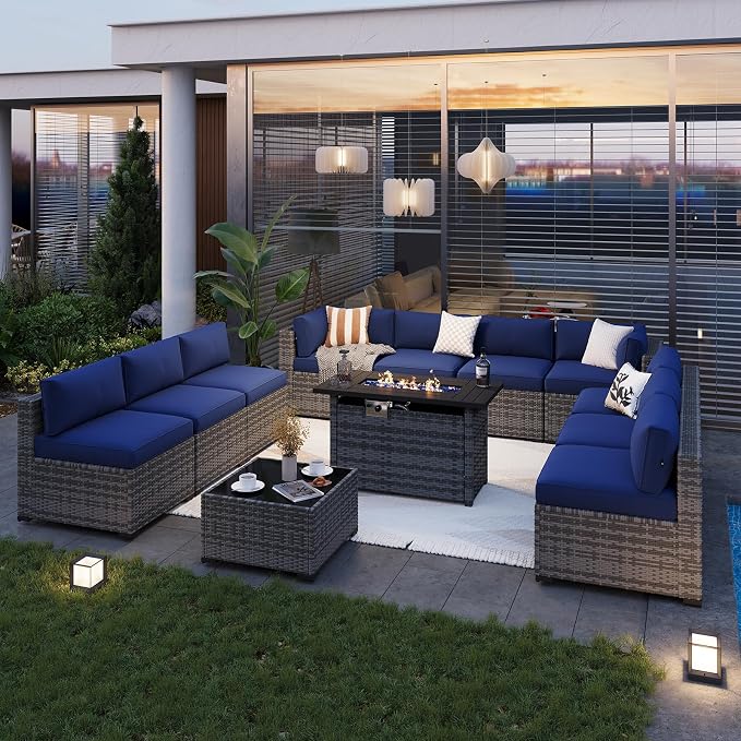 Aoxun Patio Furniture Sets, 12-Piece Outdoor Patio Furniture with 44'' Propane Gas Firepit Table, Wicker Outdoor Conversation Set Sectional Sofa for Backyard, Poolside, Garden