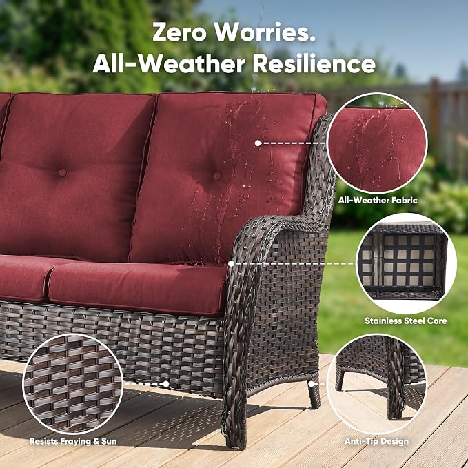 Belord 3-Piece PE Wicker Outdoor Sofa with 2 Ottomans, Luxury Patio Couch Convertible to Chaise Lounge, All-Weather High Back Deep Seat Woven Furniture for Deck, Porch - Brown/Red