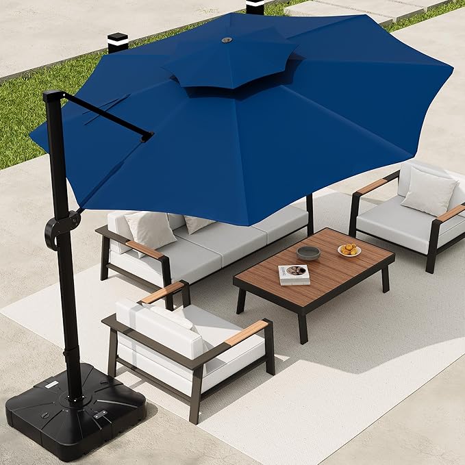 10x10 ft Round Outdoor Umbrella, Cantilever Patio Umbrella with 360° Rotation & Adjustable Height, Heavy Duty Aluminum Umbrella Outdoor Patio for Garden Poolside,Navy Blue (Base Not Included)