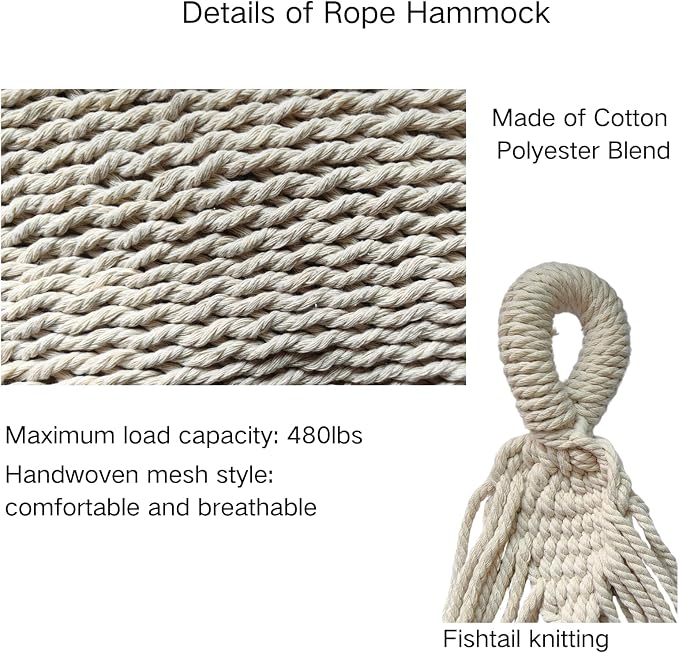 Double Mayan Handwoven Cotton Rope Hammock for Outdoor Indoor Patio Backyard, 79x59 Inch Bed, 480 lbs Capacity, 2 Person (White)