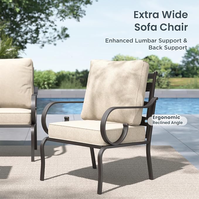 PHI VILLA Patio Furniture Set, 3-Seater Sofa, 2 Fixed Chairs and a 45" Fire Pit Table, Outdoor Metal Conversation Set with 5.75" Extra Thick Cushion for Garden Backyard Deck, Beige