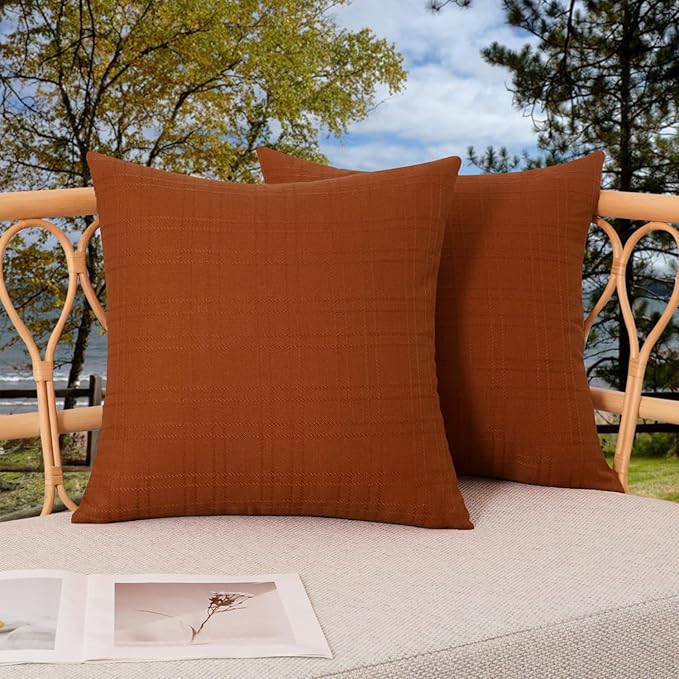Kevin Textile Outdoor Waterproof 26”x26” Pillow Covers 2 Pack, Burnt Orange | Water Resistant, Soft Faux Linen-cotton Yarn-dyed Woven Texture Throw Pillow Covers for Tent Patio Garden Couch Sofa