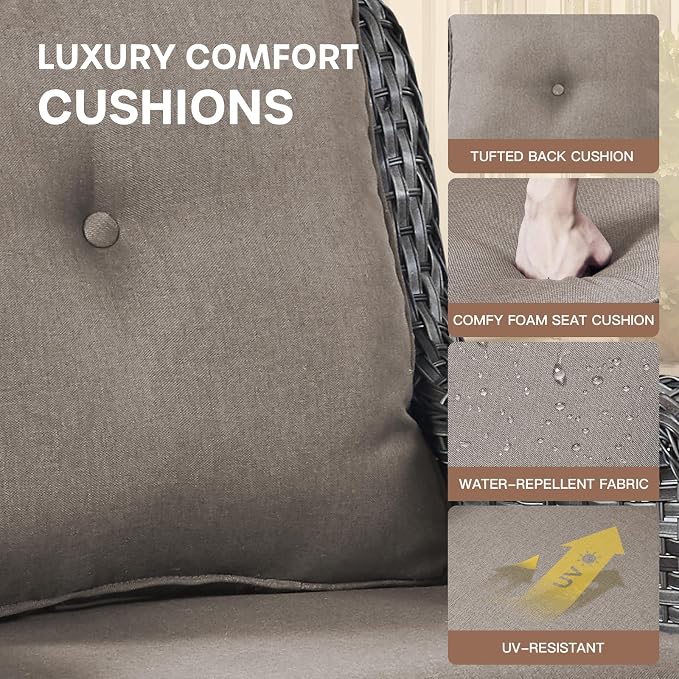 Patio Loveseat Glider Set, Resin Wicker Loveseat Glider with 4 Swivel Patio Chiars Coffee Table, 6 Piece Patio Conversation Set PE Rattan Loveseat Set, Brown Wicker|Grey Cushions