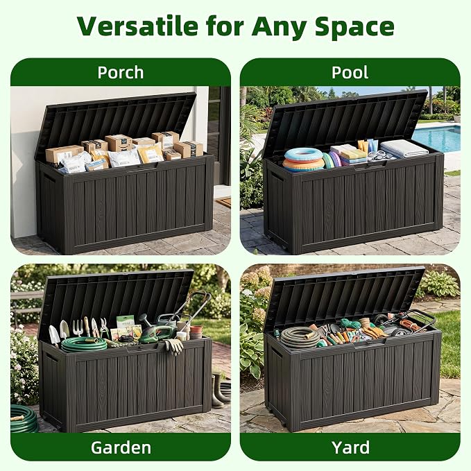 EasyUp 92 Gallon Reinforced Resin Deck Box – Waterproof & UV-Resistant Outdoor Storage, Large Capacity Patio Storage Bin for Furniture Cushions, Throw Pillows, Garden Tools, Pool Floats, Black
