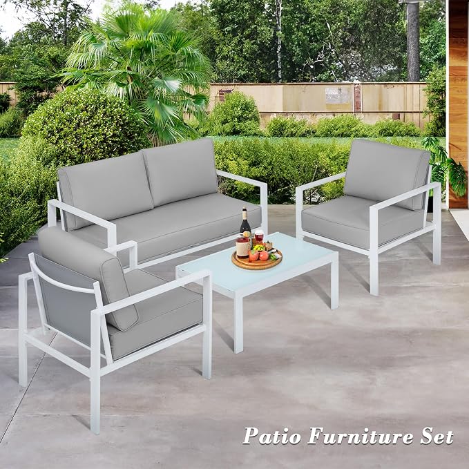 Athena Collection Patio Bistro Set Table and Chairs Set of 4, Outdoor Furniture Set Heavy Duty Conversation Sets Metal Loveseat with Upholstered Seat and Cushions, Gray