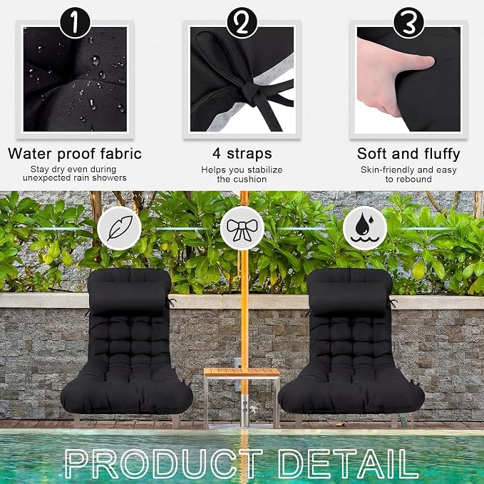 Tudomro Outdoor Chaise Lounge Cushion 66x21x4'' Waterproof & Fade-Resistant Patio Pool Chaise Lounge Cushion Headrest Pillow Tie Replacement Rocking High Back Chair(Black,1 Pcs)