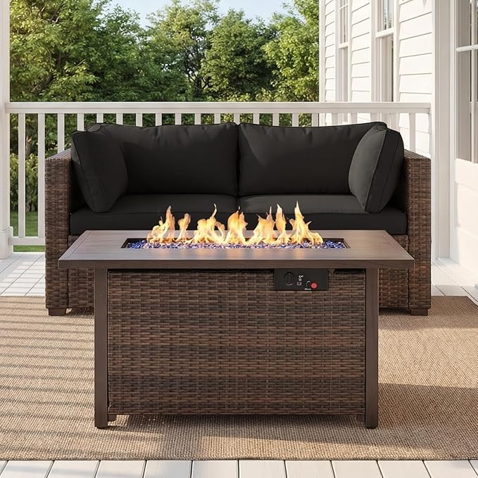 3 Pieces Patio Furniture Set Fire Pit Table, Outdoor PE Rattan Sectional Sofa with Soft Cushions for Backyard, Porch, and Poolside (Black, 3 PCS w/Firepit)