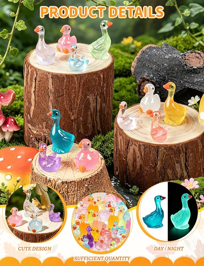 60Pcs Luminous Mini Resin Goose Figurines, 3 Styles | GlGow in The Dark Tiny Goose Ornament for Garden, Landscape, Aquarium, Dollhouse, Birthday Party, Room Crafts Decor