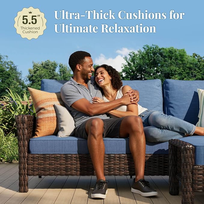MIXPATIO 8-Piece Wicker Patio Furniture Set with Swivel Chairs, High Back Outdoor Furniture with 57'' Fire Pit Table, All-Weather Wicker Patio Conversation Set for Deck Yard Pool, Navy Blue