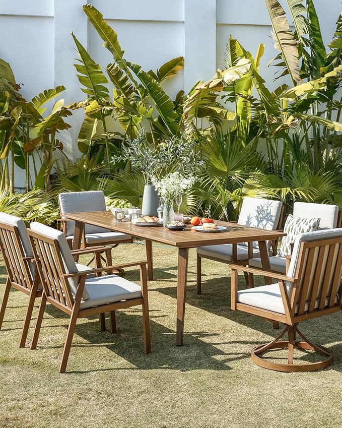 7 Pieces Patio Dining Set, Never-Rust Aluminum Outdoor Dining Table Set with Removable Cushions, Outdoor Furniture Set with 2 Swivel Chairs, 4 Dining Chairs for Deck Poolside, Backyard, Teak