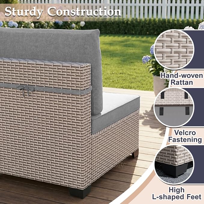 Patio Furniture Set, 18-Piece Outdoor Sectional Sofa with Swivel Rocker Chairs & Fire Pit Table, Wicker Patio Conversation Set with Coffee Table, Gray Cushions