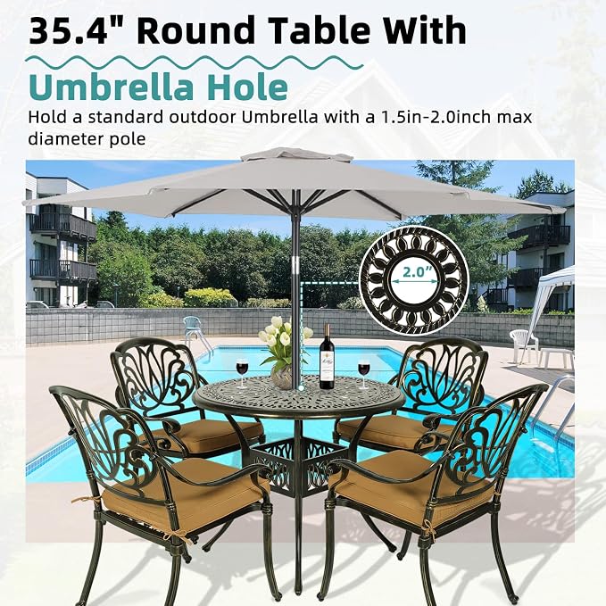 MEETWARM 5 Piece Outdoor Furniture Patio Dining Set, All-Weather Cast Aluminum Patio Table and Chairs Set- 4 Cushioned Chairs, 1 Round Dining Table with Umbrella Hole for Backyard Garden Deck