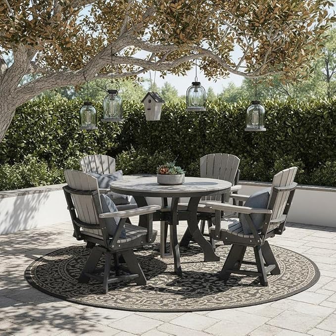 Gray 5-Piece Round Dining Set, Heavy-Duty HDPE, Umbrella Hole, All-Weather Patio Furniture, Great for Harborside