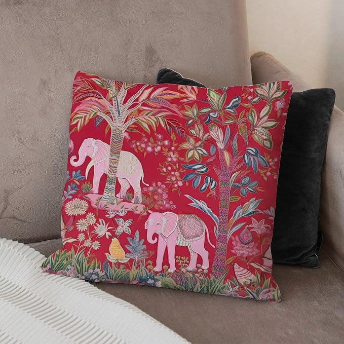Animal Pink Chinoiserie Pillow Cover Thailand Elephant Jungle Throw Pillow Cover Classic Throw Pillow Covers Farmhouse Decorative for Patio Garden Couch Deck Chair 26x26 in