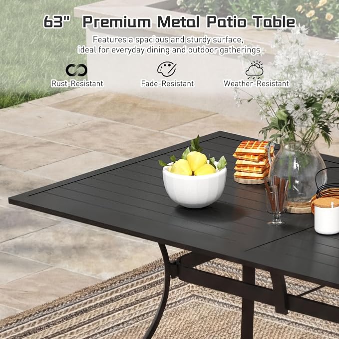 7 Piece Outdoor Patio Dining Set, 62’’ Rectangular Metal Dining Table with Umbrella Hole & 6pcs Outdoor Metal Dining Chairs, Outdoor Furniture Dining Set for Patio, Balcony, Lawn, Garden, Backyard