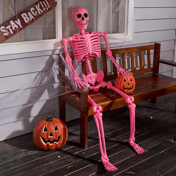 JOYIN 5.6 FT Halloween Posable Skeleton Life Size, Giant Outdoor Yard Skeletons, Pink Plastic Skeleton with Movable Joints for Haunted House Props, Halloween Decorations, Spooky Scary Skeletons Party