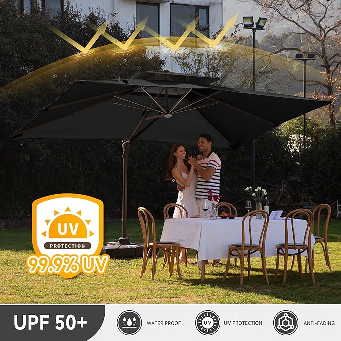 10 X 13 FT Cantilever Outdoor Patio Umbrella with Base Included Large Heavy Duty 360° Rotation Double Top Offset Rectangular Umbrellas with LED Lights for Backyard Outside Deck, Black