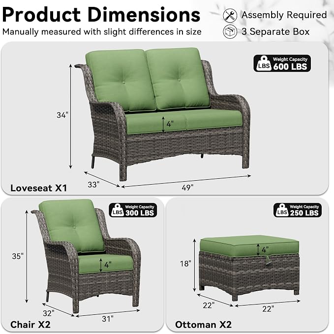 5 Piece Outdoor Wicker Patio Furniture Set, Patio Chairs Set with Thickened Olefin Cushions, High Back and Deep Seating, Hand-Woven PE Rattan, Ottoman for Porch, Deck