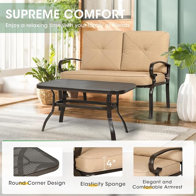 Incbruce 5 Pcs(6 Seats) Outdoor Metal Furniture Sets Wrought Iron Patio Conversation Sets, (Glider, 2 Single Chairs, Loveseat, and Coffee Table) with Cushion (Brown)