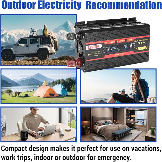 1500 Watt Power Inverter with LED Display,Dual AC Outlets,USB Port, 24V DC to 110V AC Converter Car Power Inverter for Vehicles, Car, RV, Truck, Off Grid Solar System, Outdoor Camping