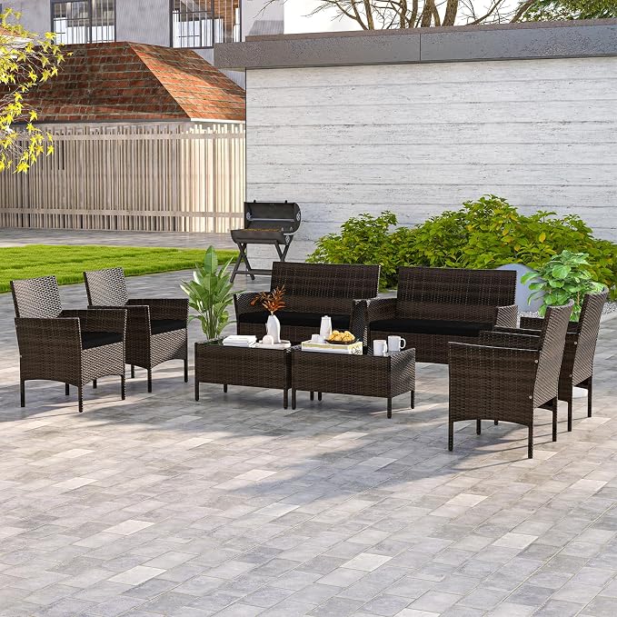 HAPPYGRILL 8 Pieces Outdoor Rattan Conversation Set, Patio Wicker Furniture Set with Loveseat Chairs & Tempered Glass Coffee Table, Outside Sectional Sofa Set for Backyard Garden & Poolside