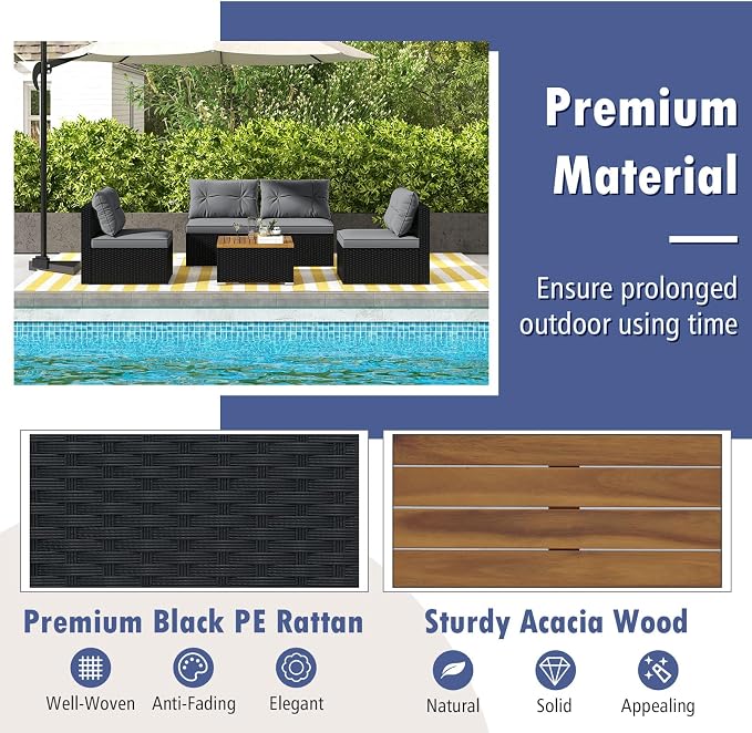 Tangkula 5 Pieces Wicker Patio Furniture Set, Outdoor 4 Armless Rattan Sofa & Coffee Table Set, with Cushions, Acacia Wood Tabletop, Sectional Patio Conversation Set for Lawn, Yard, Poolside, Grey