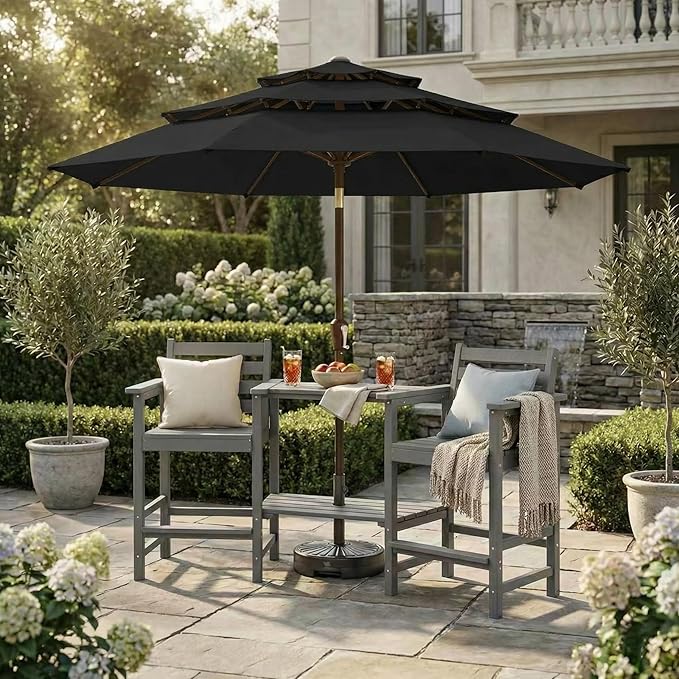 Kingdura 9ft 3-Tier Patio Umbrella, Outdoor Table Umbrella with Easy Crank & Tilt, 8 Reinforced Ribs, UV Protection for Deck, Pool, Market, Backyard (Black)