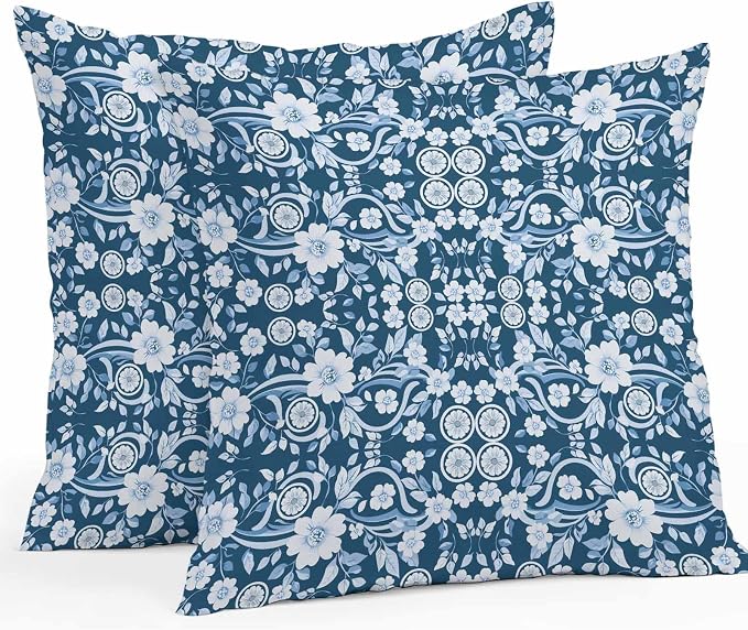 Navy Blue Floral Outdoor Pillow Covers 26x26 Inch Throw Pillow Covers Set of 2 Waterproof Decorative Pillow Cases Vintage Pastoral Botanical Leaves Cushion Covers for Patio Furniture Garden Couch Sofa