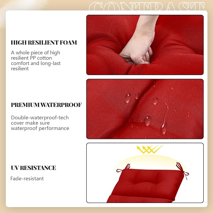 Kigley 2 Pcs Outdoor Chaise Lounge Cushions with 3 Side Pocket 74.5 x 22 x 4.7 Inch Patio Chaise Lounge Cushion, Water-Repellent and Fade-Resistant Tufted Summer Replacement(Red)