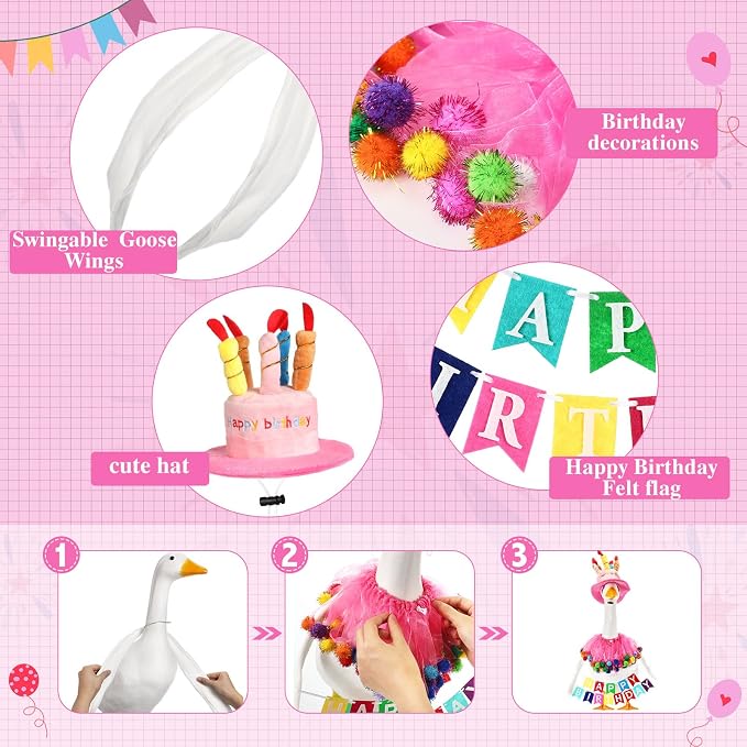 Abbylike 4 Pcs Happy Birthday Porch Goose Outfit for 23" Statues Poseable Porch Goose Wings Birthday Cake Hat for Lawn Patio Outdoor Geese Statue Decoration Accessories(Pink,Gauze Skirt Style)