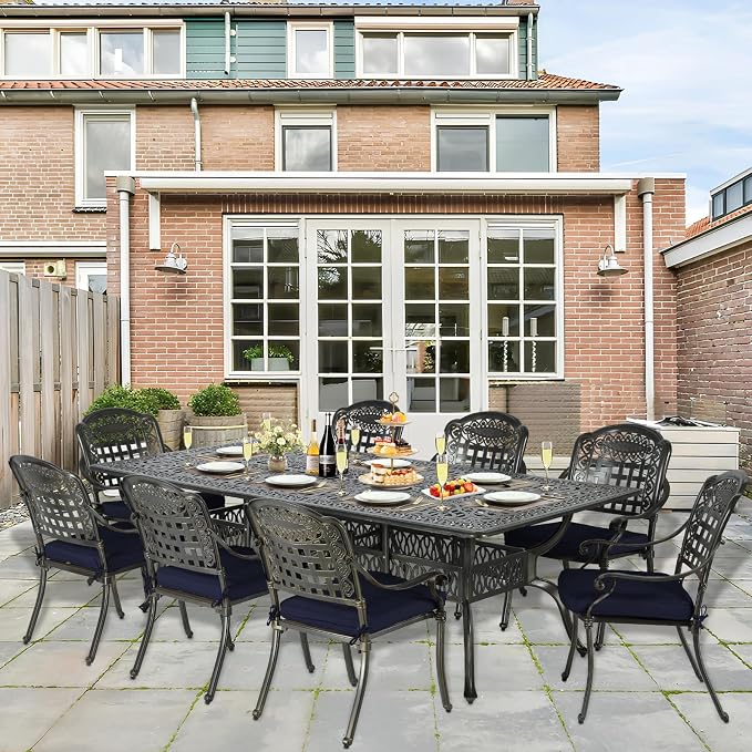 9-Piece Patio Cast Aluminum Dining Set, Outdoor Table and Chairs Set for 8, Includes 94.5" Rectangular Dining Table and 8 Cushioned Chairs with Umbrella Hole for Lawn Garden, Navy Blue