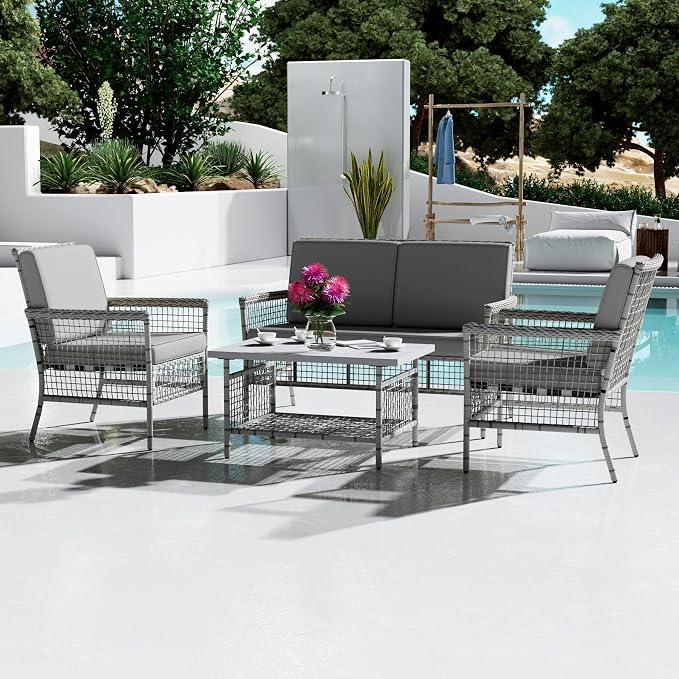 DECMICO 4 Pieces Outdoor Patio Furniture Set, Wicker Rattan Chairs & Loveseat Couch with Side Table and Cushions, All-Weather Patio Seating Set for Backyard, Deck, Porch (Light Gray)