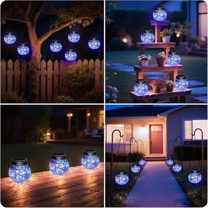 kolpop 6 Pack Solar Lantern Outdoor Lights, Multi-Coloured Solars Lanterns with 30 LED, Crackle Glass Ball Waterproof Hanging Solar Lights for Garden Decor Patio Fence Yard Christmas Tree Decoration