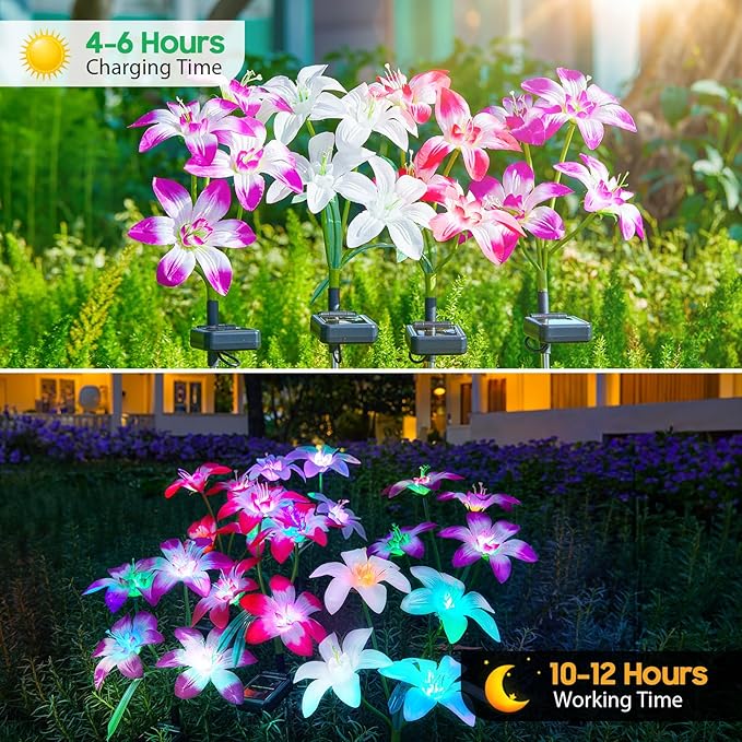 Ahaorigin Solar Garden Lights Outdoor, 6 Pack Blooming Lily Solar Flowers Outdoor Waterproof, 7 Color Changing Bigger Flower Lights for Yard Patio Outside Decorative Mom Gift