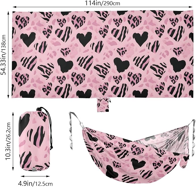 Camping Hammock Outdoor Hammocks for Outside Pink Heart-Shaped Leopard Beach Trees Portable Lightweight with Pockets Tree Straps Indoor