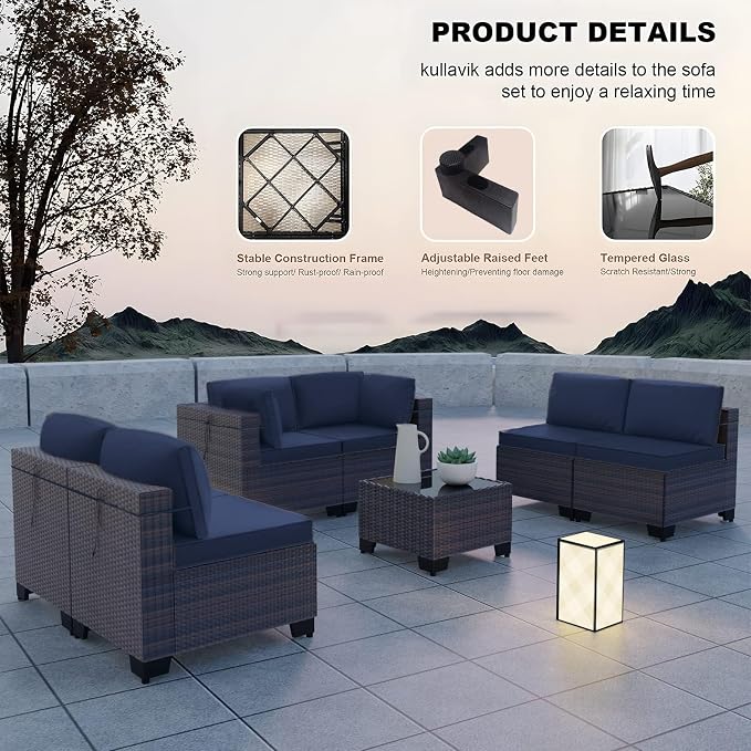 Kullavik 10PCS Outdoor Patio Furniture Set,PE Wicker Rattan Sectional Sofa Patio Conversation Sets with Tempered Glass Table,Swivel Rocking Chairs Set,Navy Blue